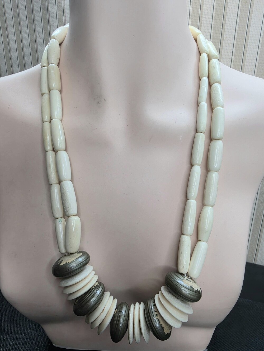 Artisan Bone & Painted Wood Statement Necklace Tribal Boho 24"